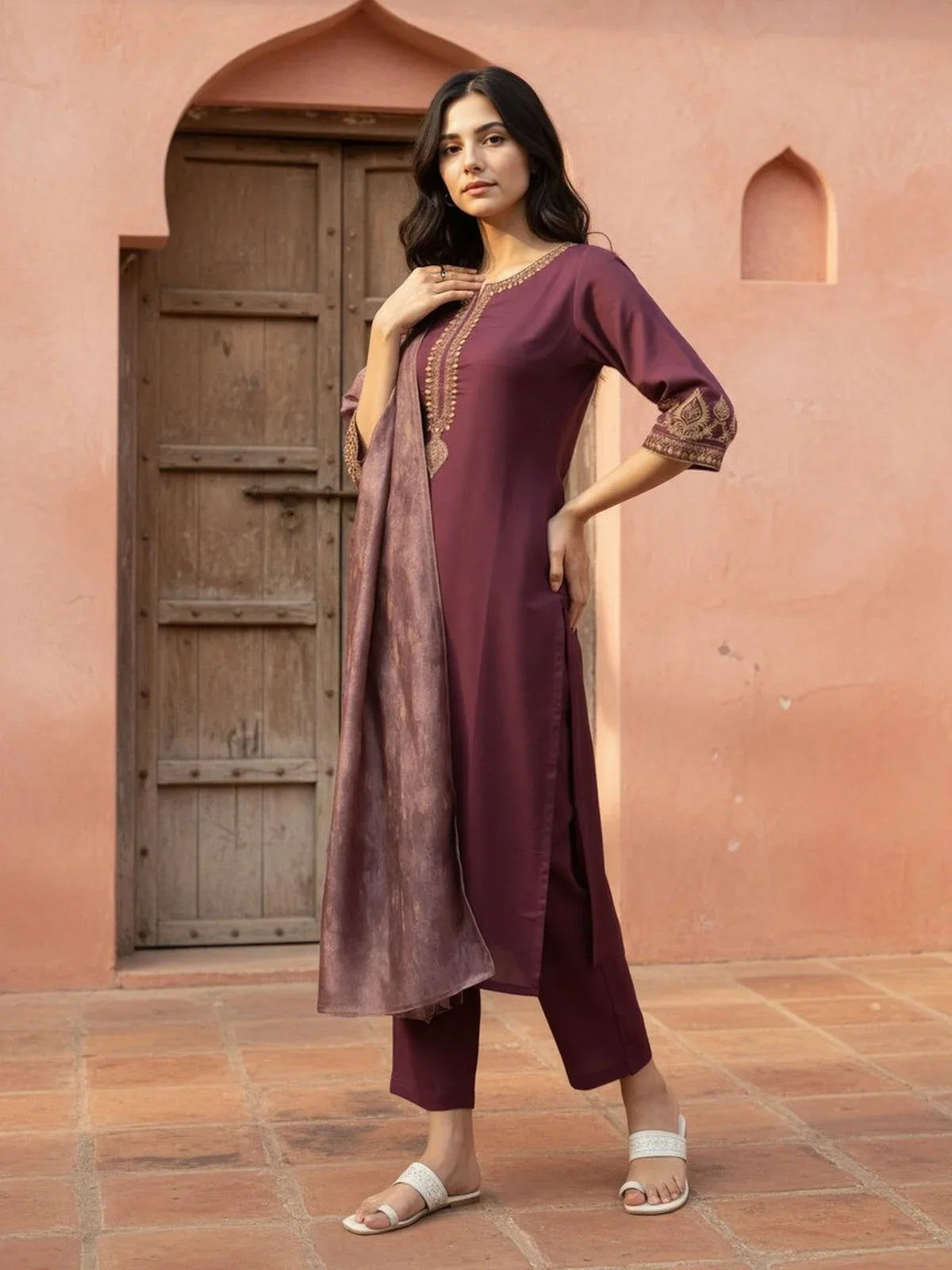 Buy Viscose Embroidered Straight Calf Length Salwar Suit-Wine