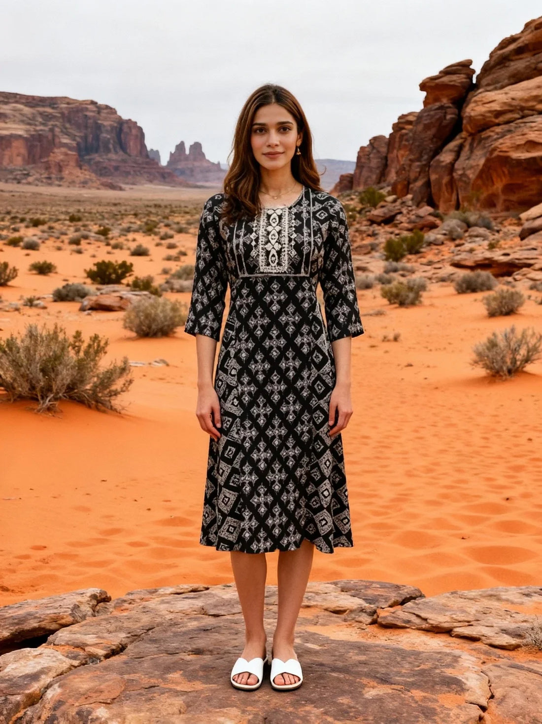 Buy Rayon Embroidered Flared Calf Length Dress-Black