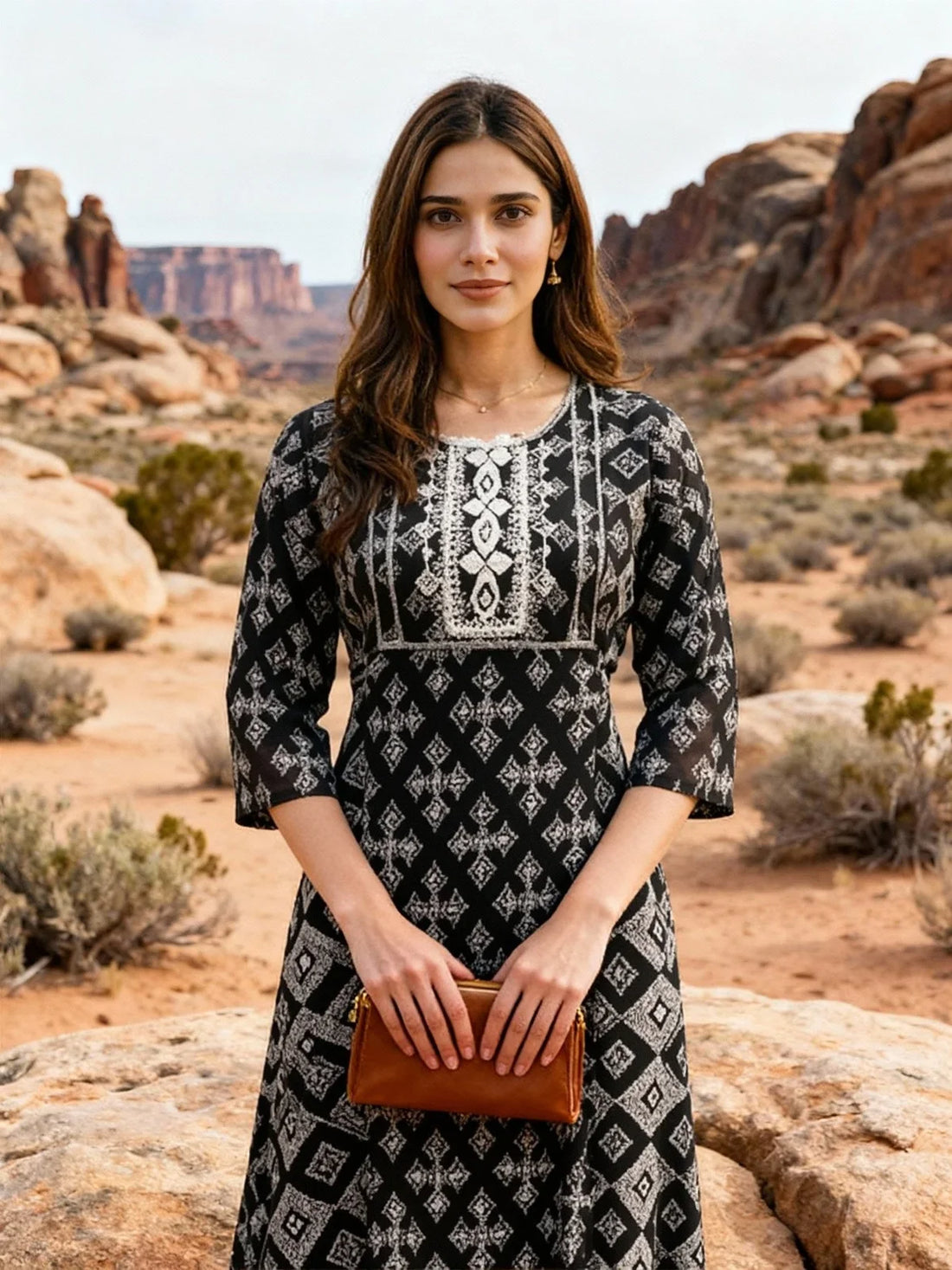 Buy Rayon Embroidered Flared Calf Length Dress-Black
