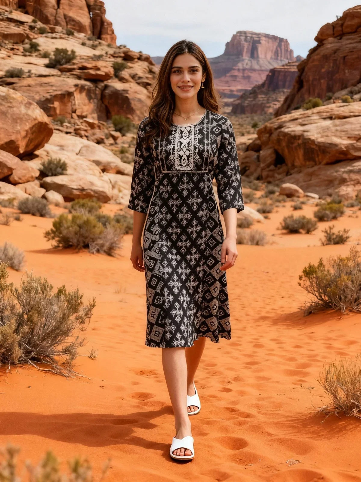 Buy Rayon Embroidered Flared Calf Length Dress-Black
