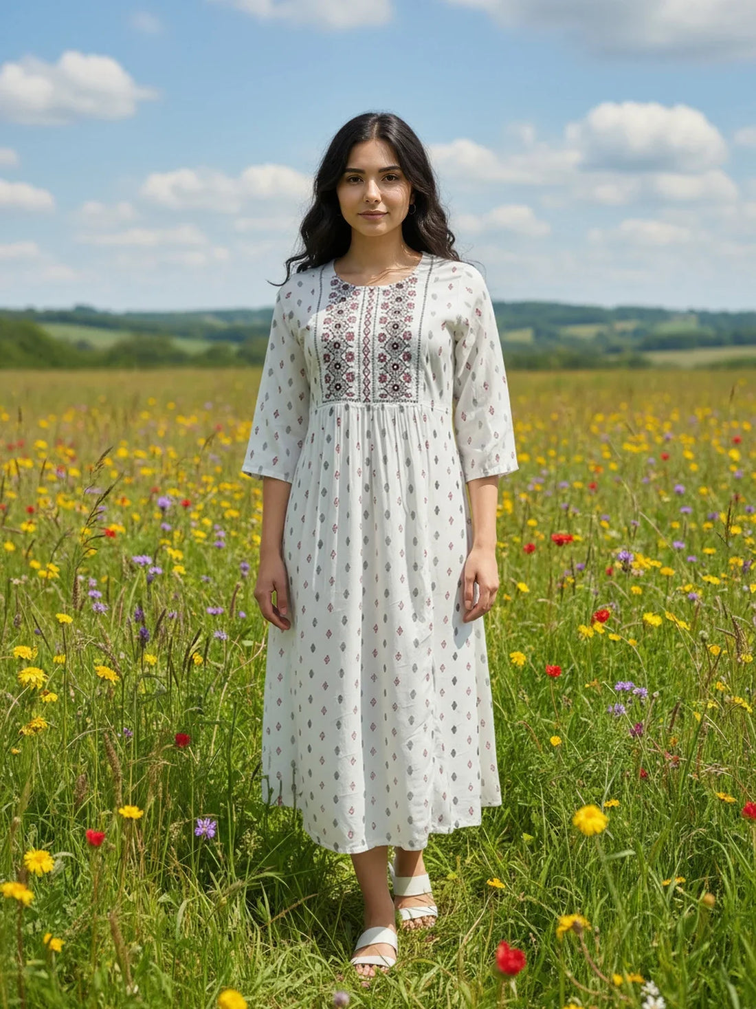 Buy Rayon Embroidered Flared Calf Length Dress-Off White