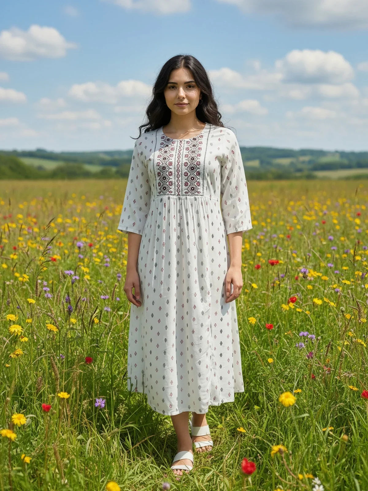 Buy Rayon Embroidered Flared Calf Length Dress-Off White
