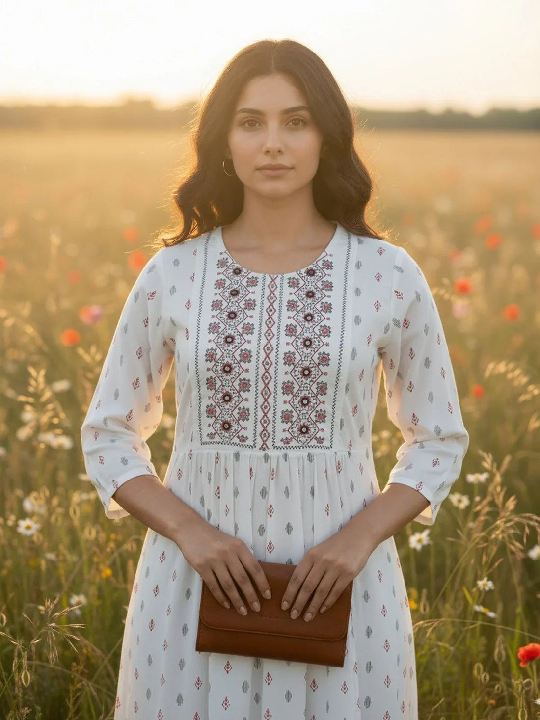 Buy Rayon Embroidered Flared Calf Length Dress-Off White