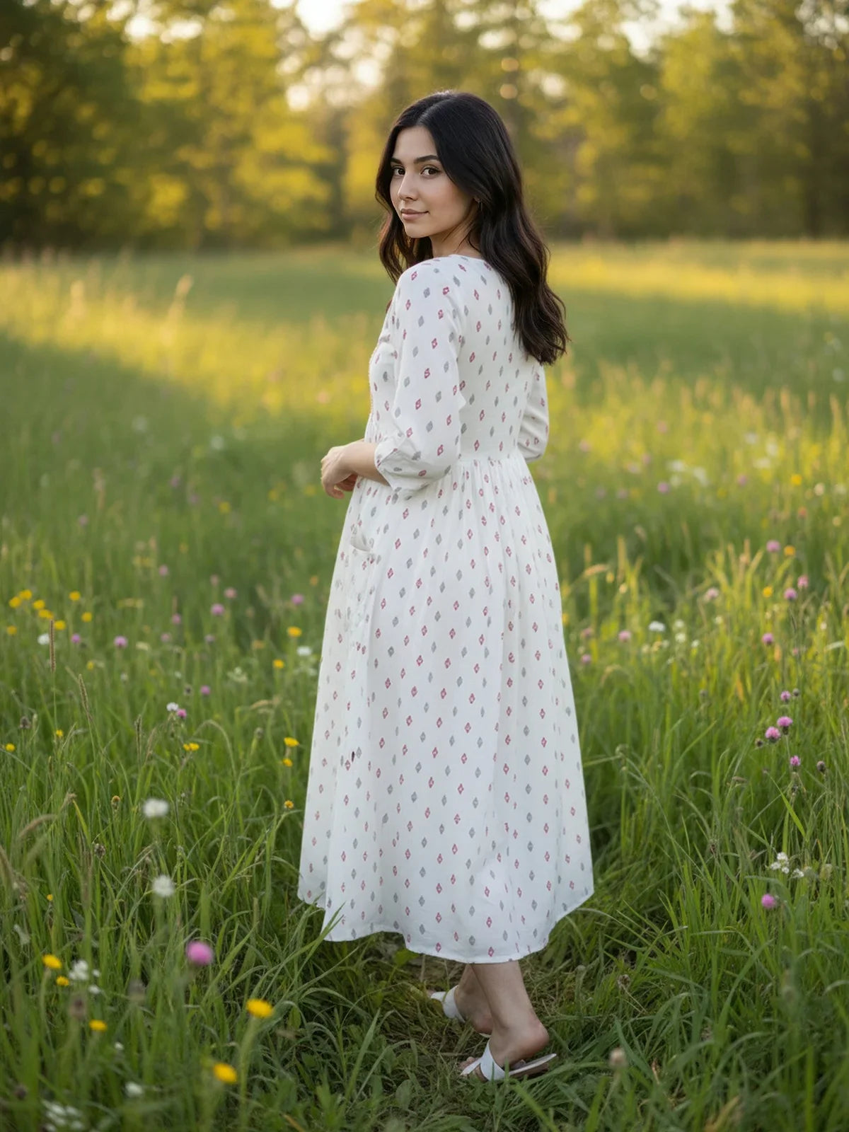 Buy Rayon Embroidered Flared Calf Length Dress-Off White