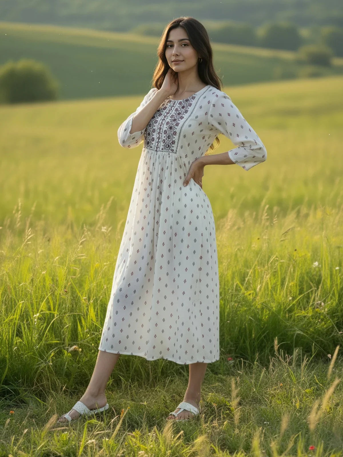 Buy Rayon Embroidered Flared Calf Length Dress-Off White