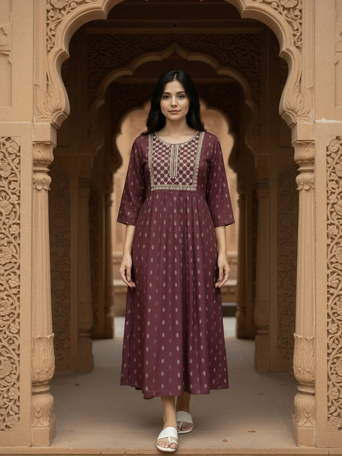 Buy Rayon Embroidered Flared Calf Length Dress-Purple
