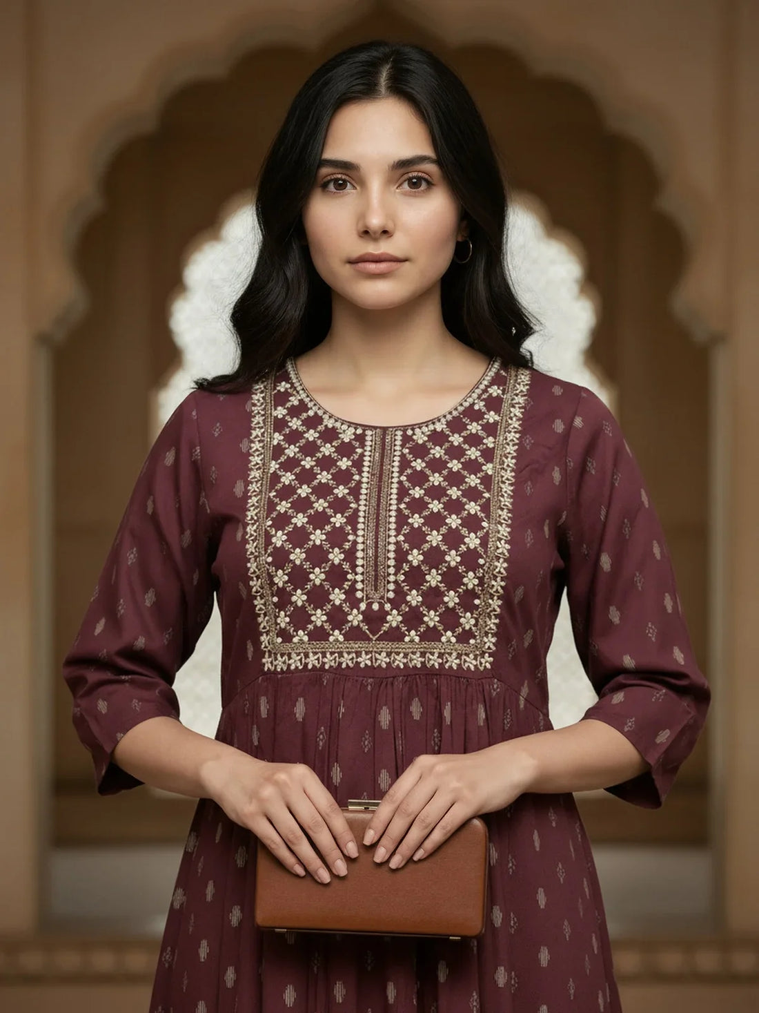 Buy Rayon Embroidered Flared Calf Length Dress-Purple