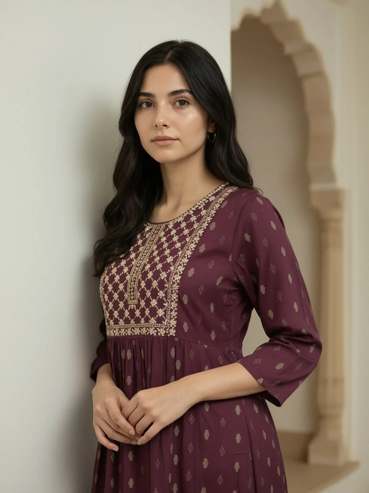 Buy Rayon Embroidered Flared Calf Length Dress-Purple