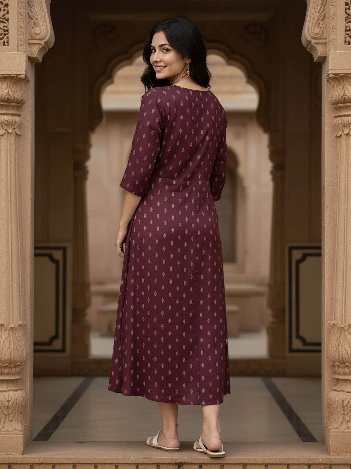 Buy Rayon Embroidered Flared Calf Length Dress-Purple