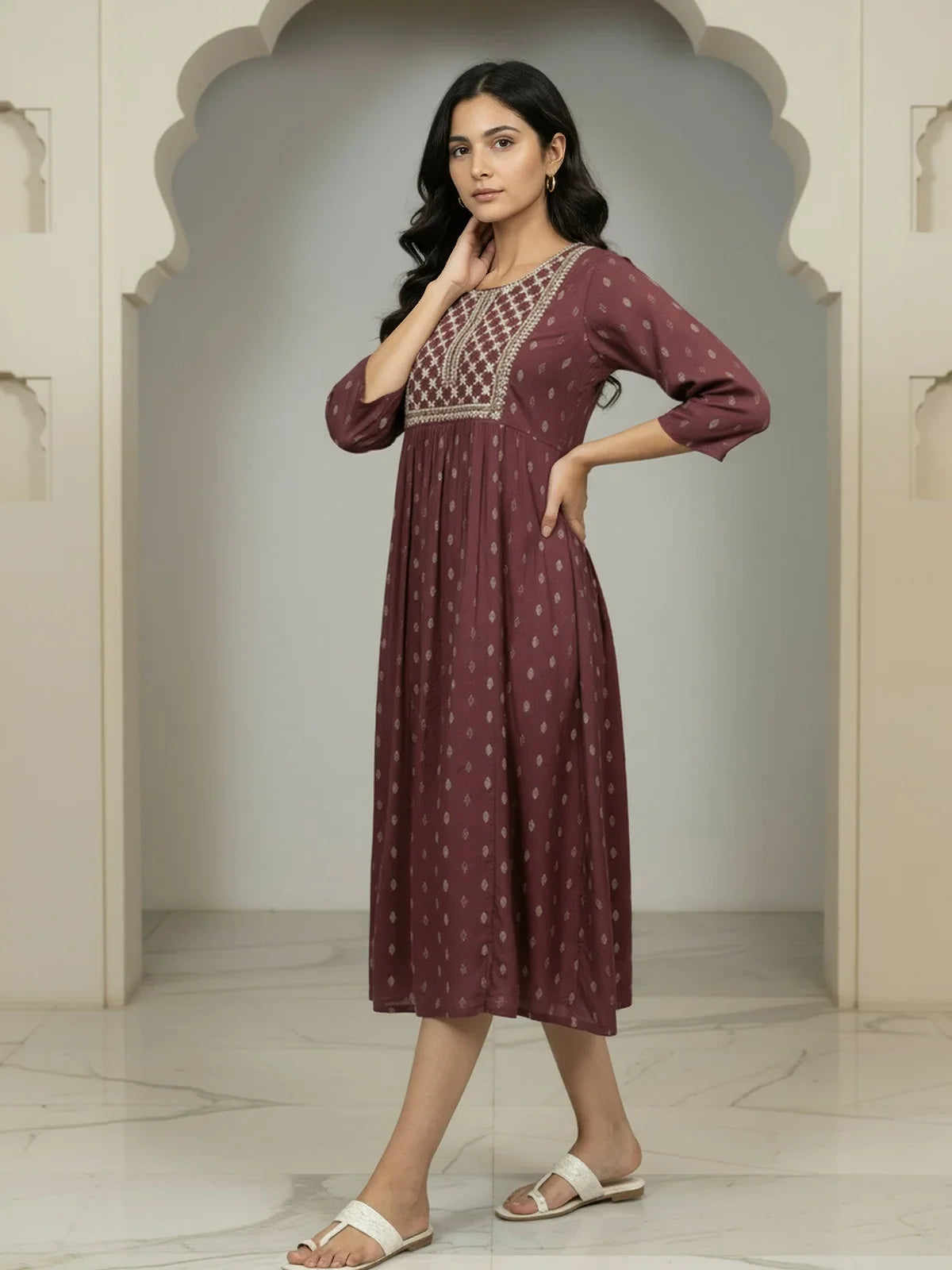 Buy Rayon Embroidered Flared Calf Length Dress-Purple