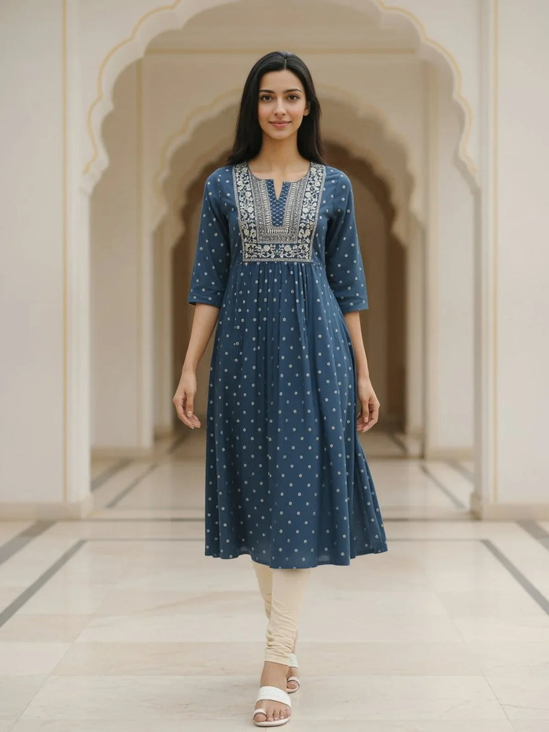 Buy Rayon Embroidered Flared Calf Length Kurta-Navy Blue