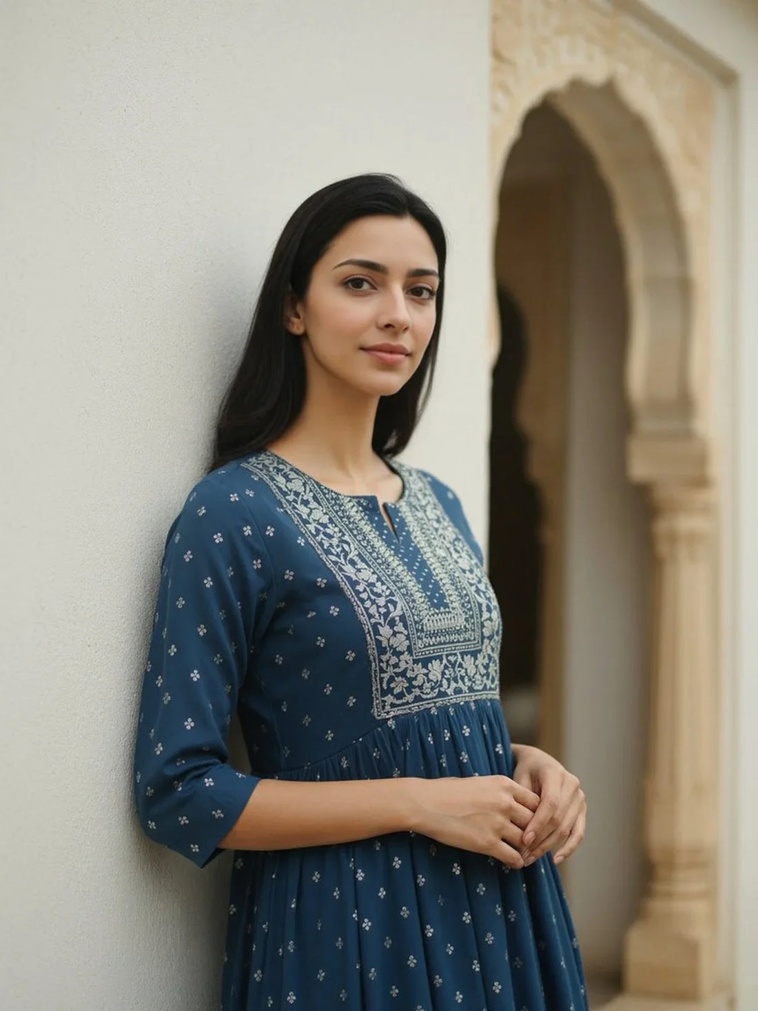 Buy Rayon Embroidered Flared Calf Length Kurta-Navy Blue