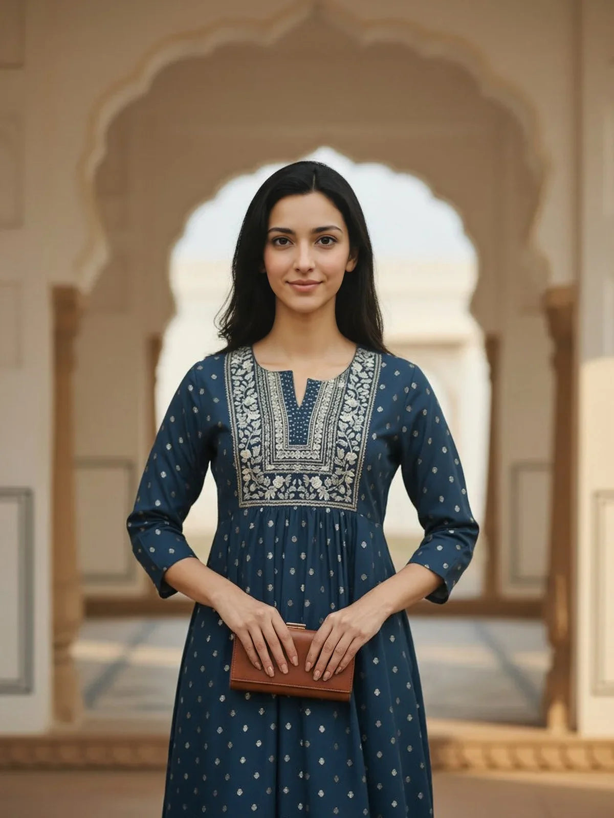Buy Rayon Embroidered Flared Calf Length Kurta-Navy Blue