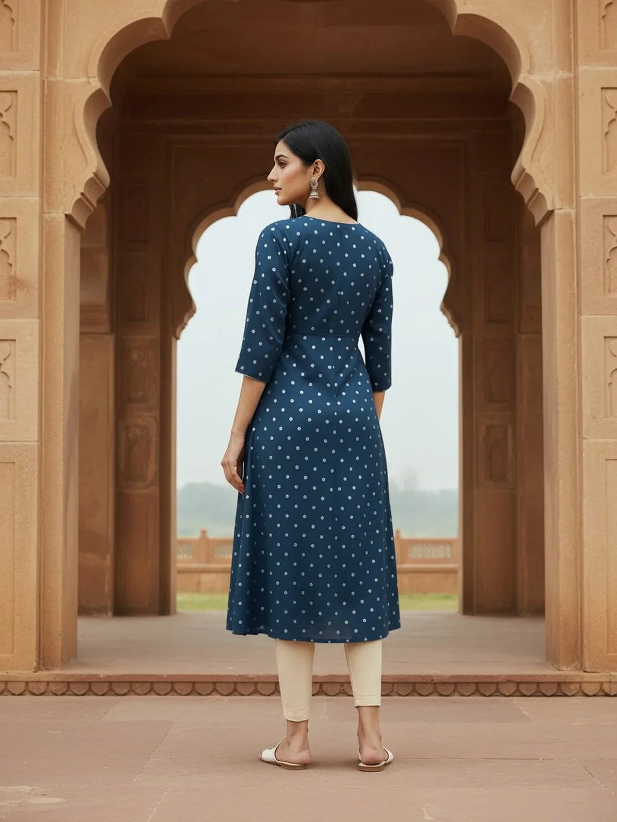 Buy Rayon Embroidered Flared Calf Length Kurta-Navy Blue