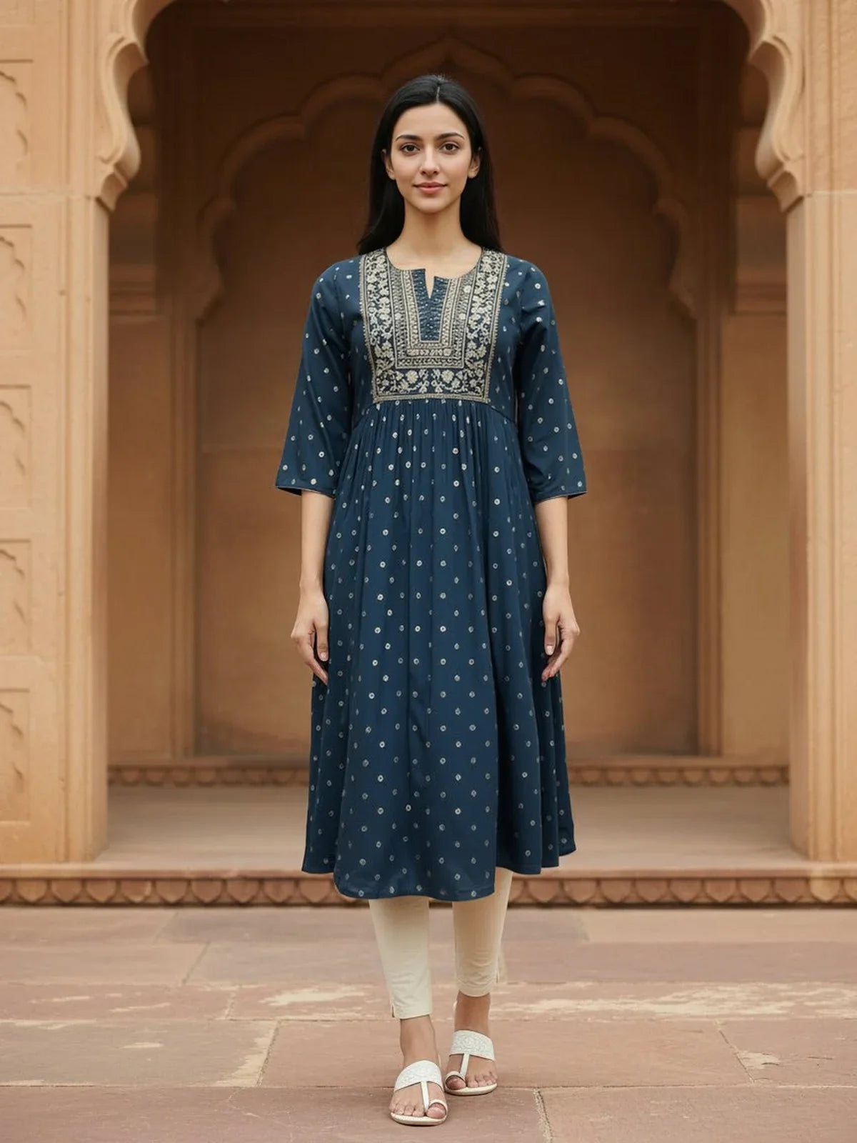 Buy Rayon Embroidered Flared Calf Length Kurta-Navy Blue
