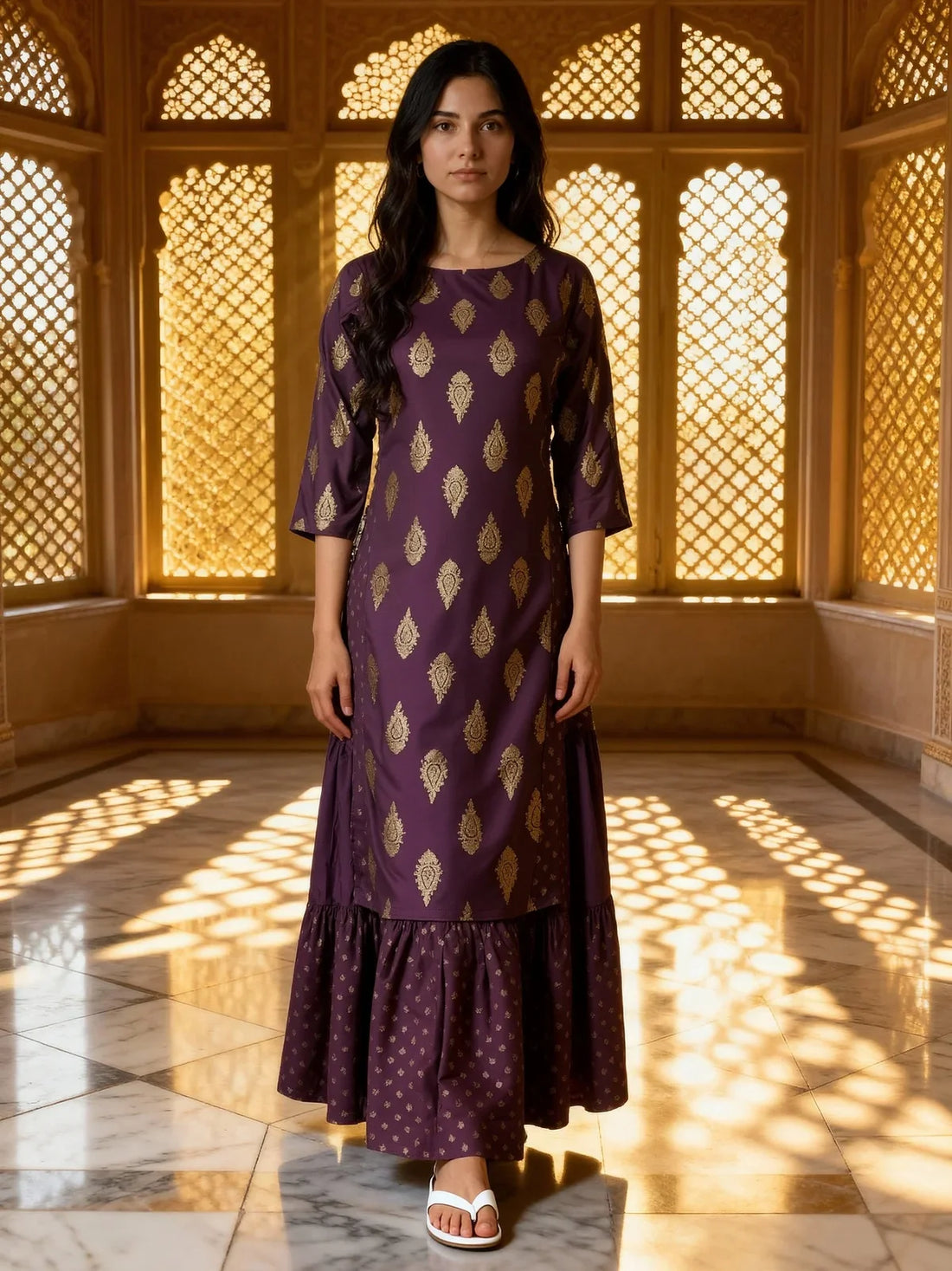 Buy Rayon Printed Flared Ankle Length Kurta-Purple