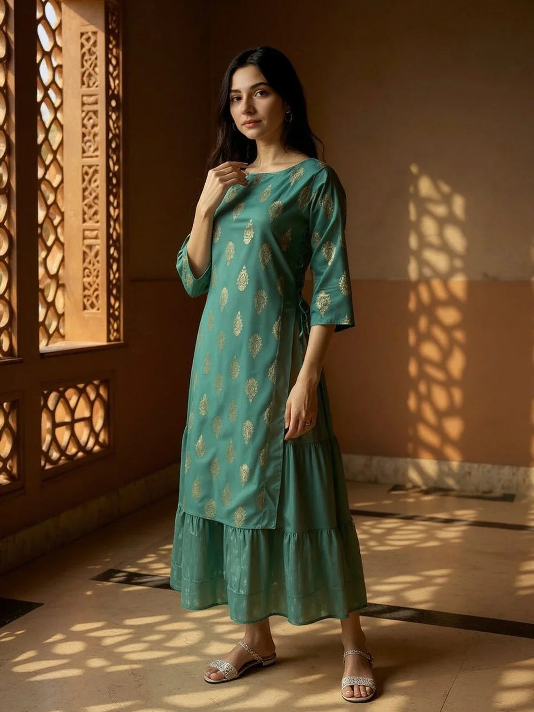 Buy Rayon Printed Flared Ankle Length Kurta-Green