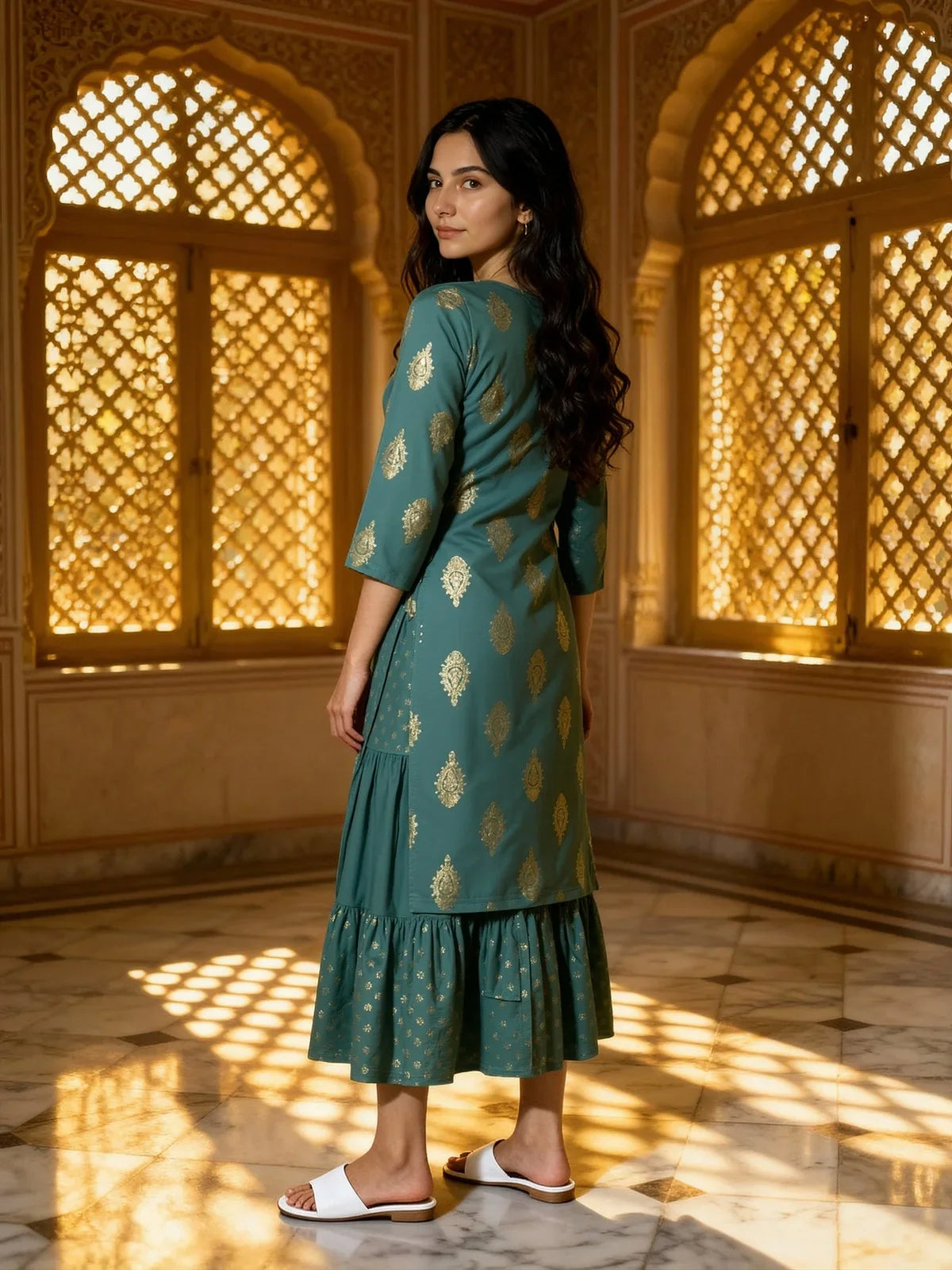 Buy Rayon Printed Flared Ankle Length Kurta-Green