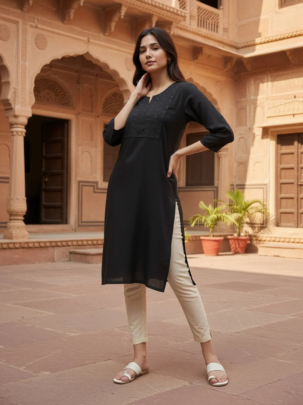 Buy Rayon Embroidered Straight Knee Length Kurta-Black