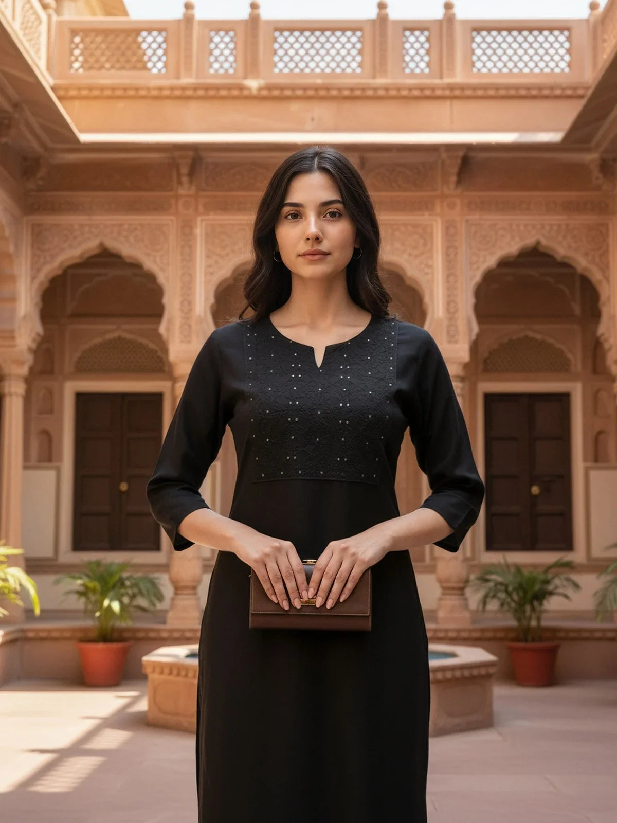 Buy Rayon Embroidered Straight Knee Length Kurta-Black