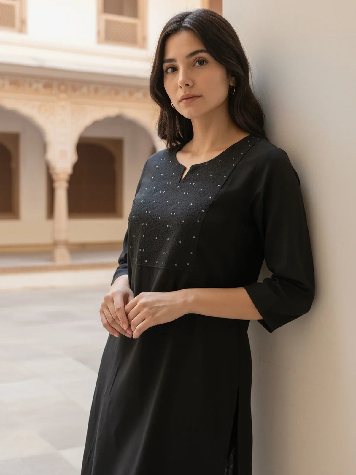 Buy Rayon Embroidered Straight Knee Length Kurta-Black