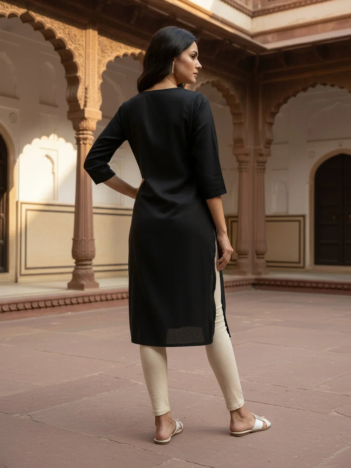 Buy Rayon Embroidered Straight Knee Length Kurta-Black
