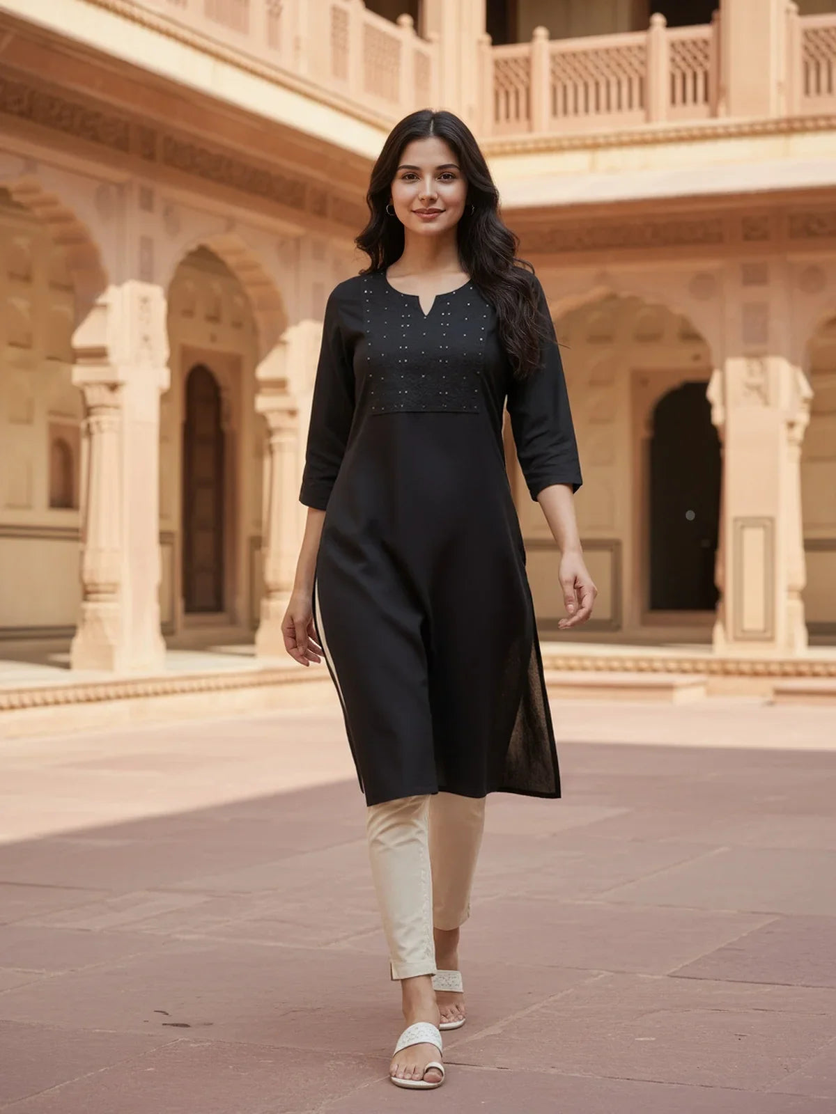 Buy Rayon Embroidered Straight Knee Length Kurta-Black