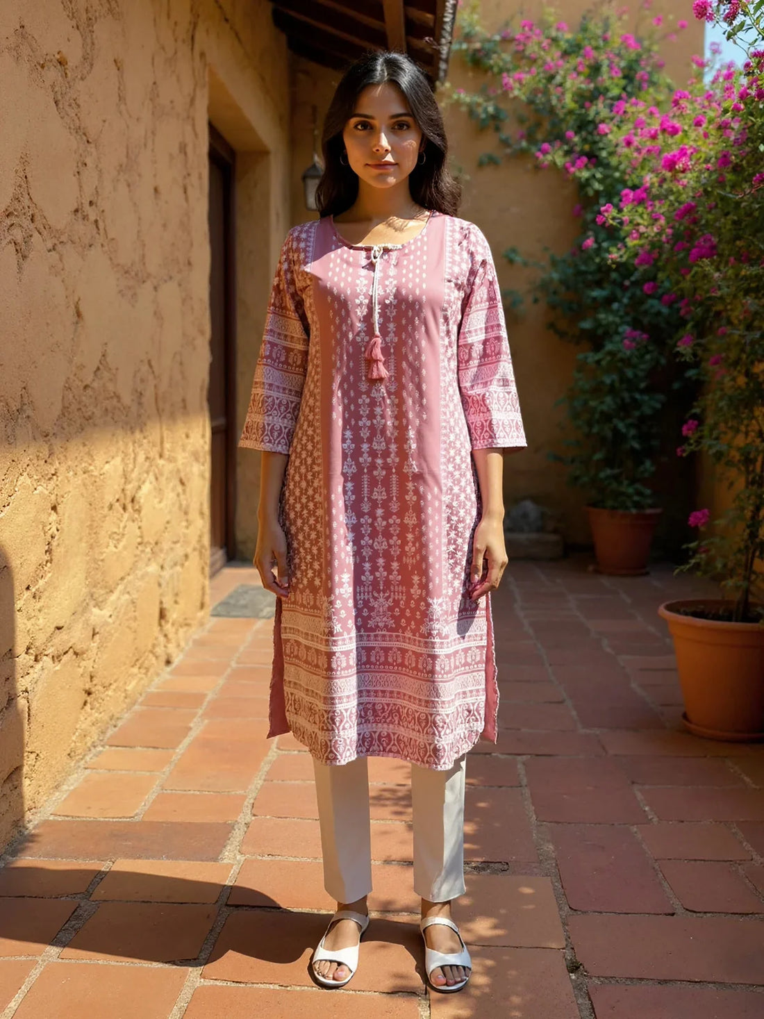 Buy Rayon Printed Straight Calf Length Kurta-Pink