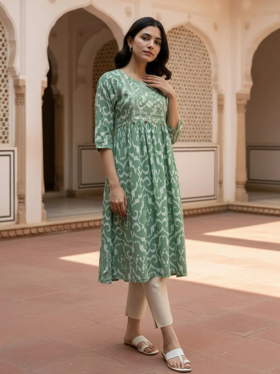 Buy Rayon Embroidered Flared Calf Length Kurta-Green