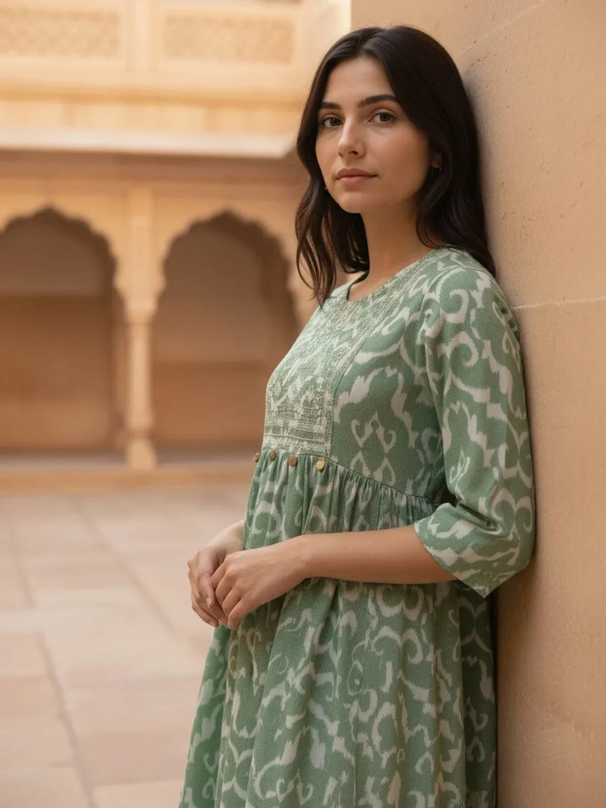 Buy Rayon Embroidered Flared Calf Length Kurta-Green