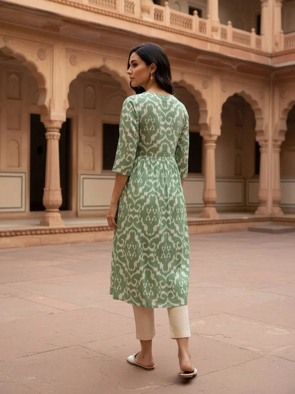 Buy Rayon Embroidered Flared Calf Length Kurta-Green