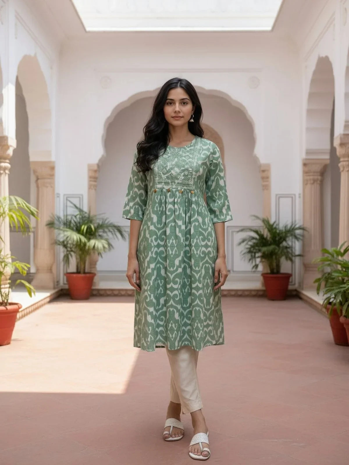 Buy Rayon Embroidered Flared Calf Length Kurta-Green