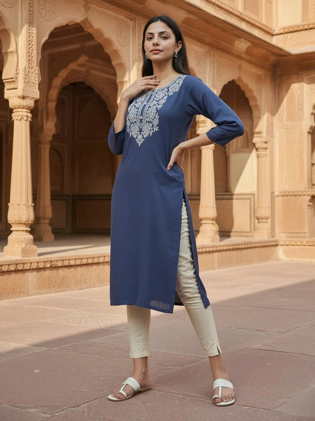 Buy Rayon Slub Embroidered Straight Calf Length Kurta-Grey