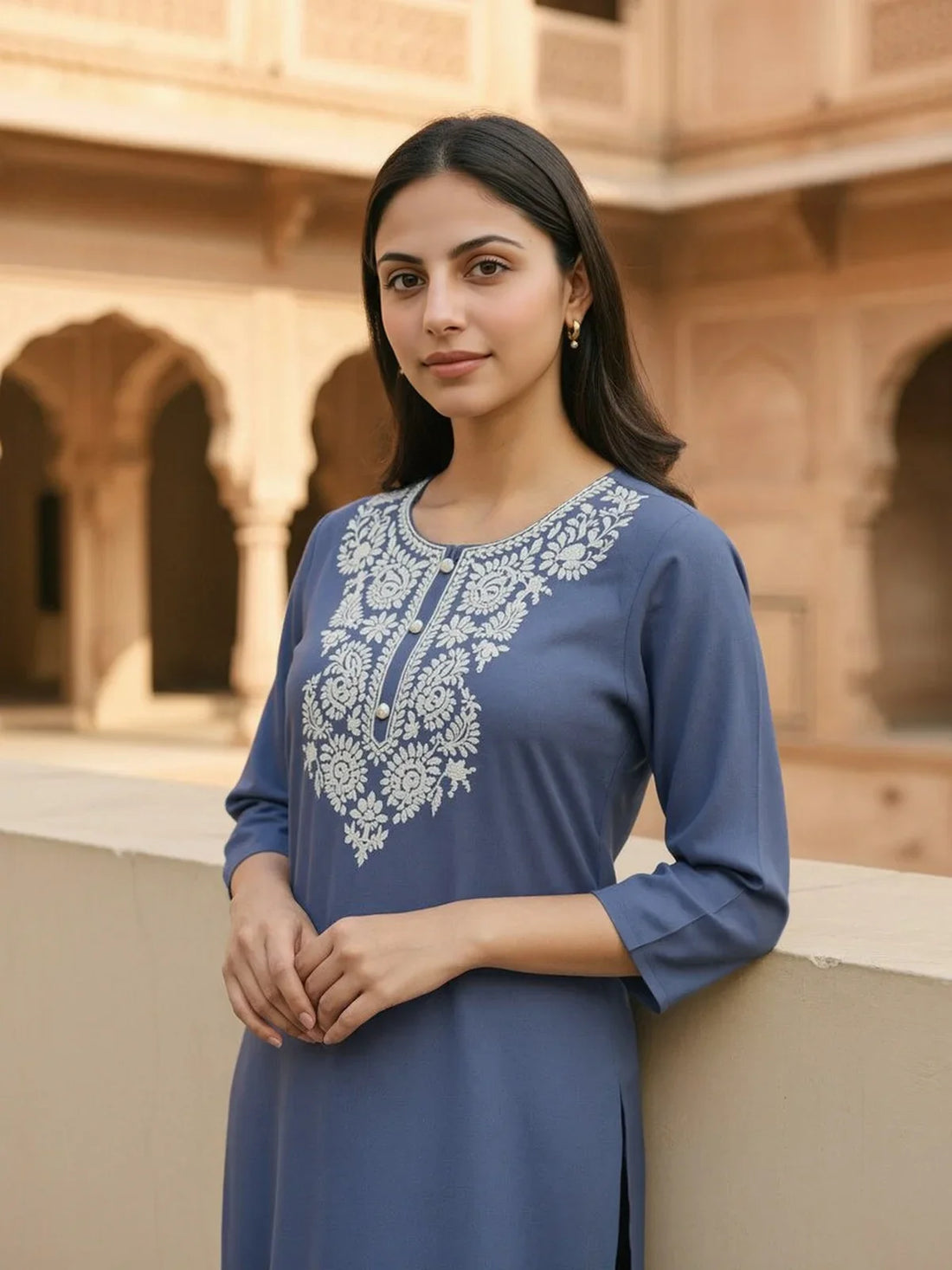 Buy Rayon Slub Embroidered Straight Calf Length Kurta-Grey