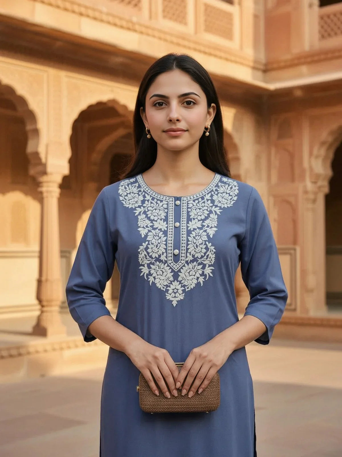 Buy Rayon Slub Embroidered Straight Calf Length Kurta-Grey