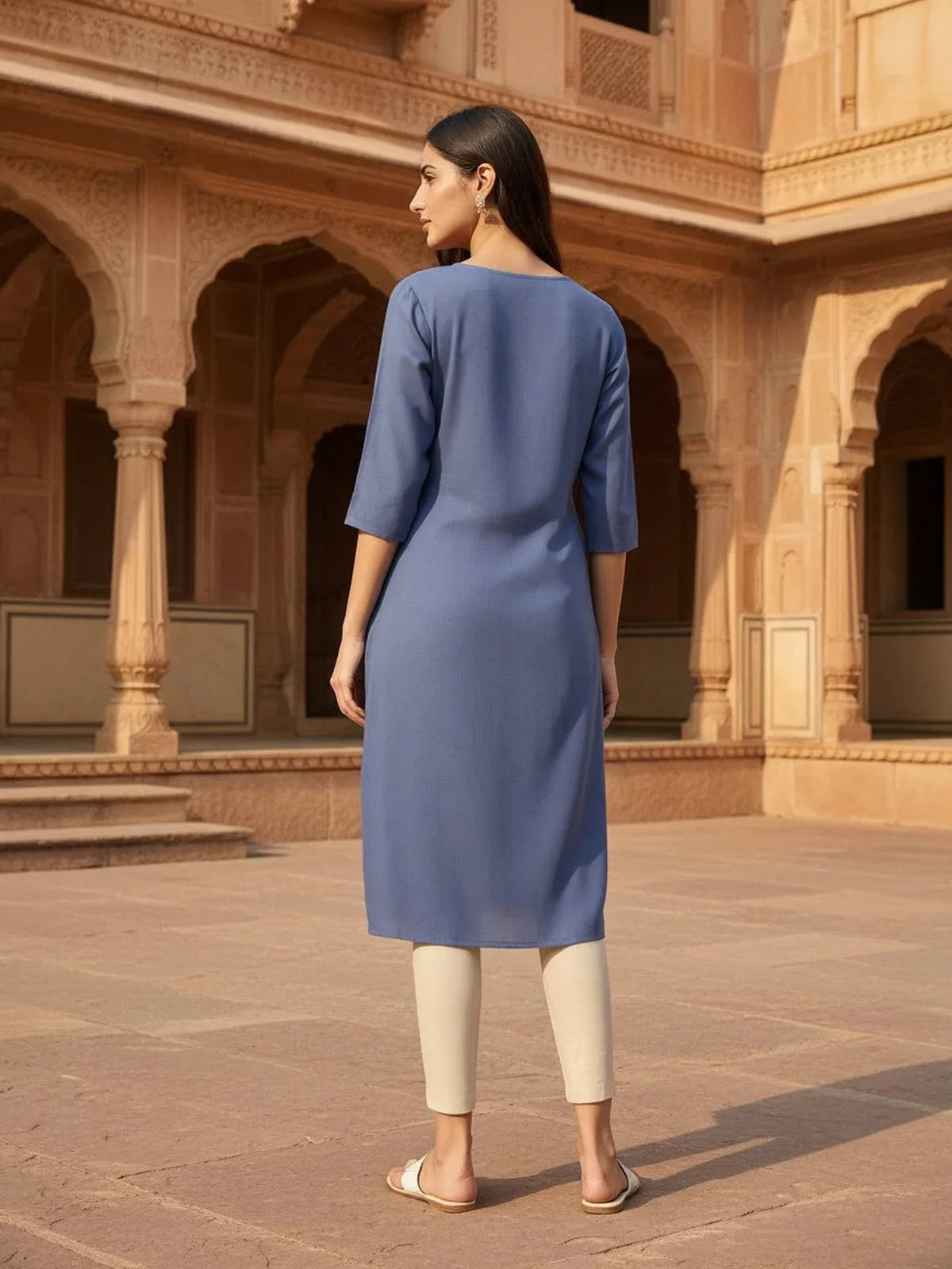 Buy Rayon Slub Embroidered Straight Calf Length Kurta-Grey
