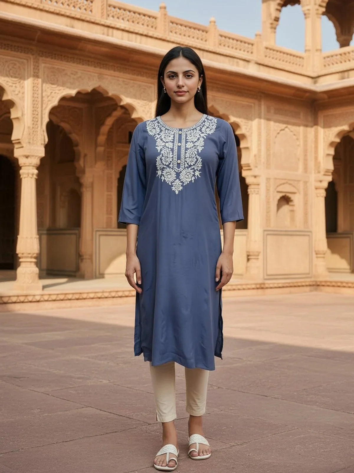 Buy Rayon Slub Embroidered Straight Calf Length Kurta-Grey