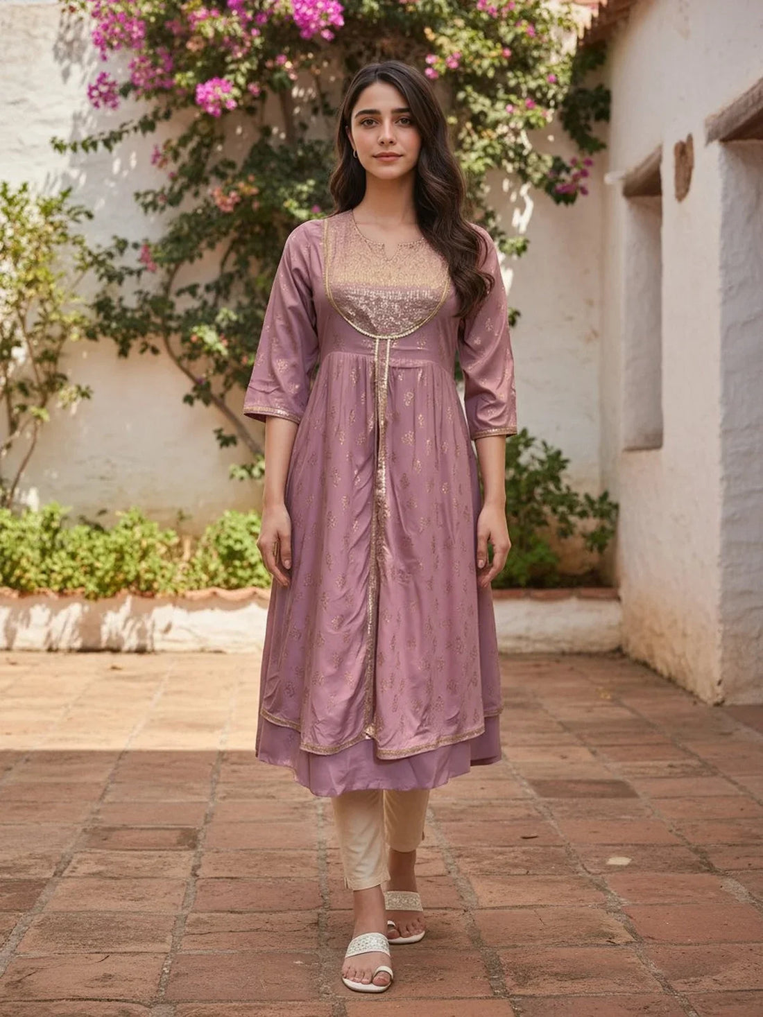 Buy Rayon Embroidered Anarkali Calf Length Kurta-Mauve