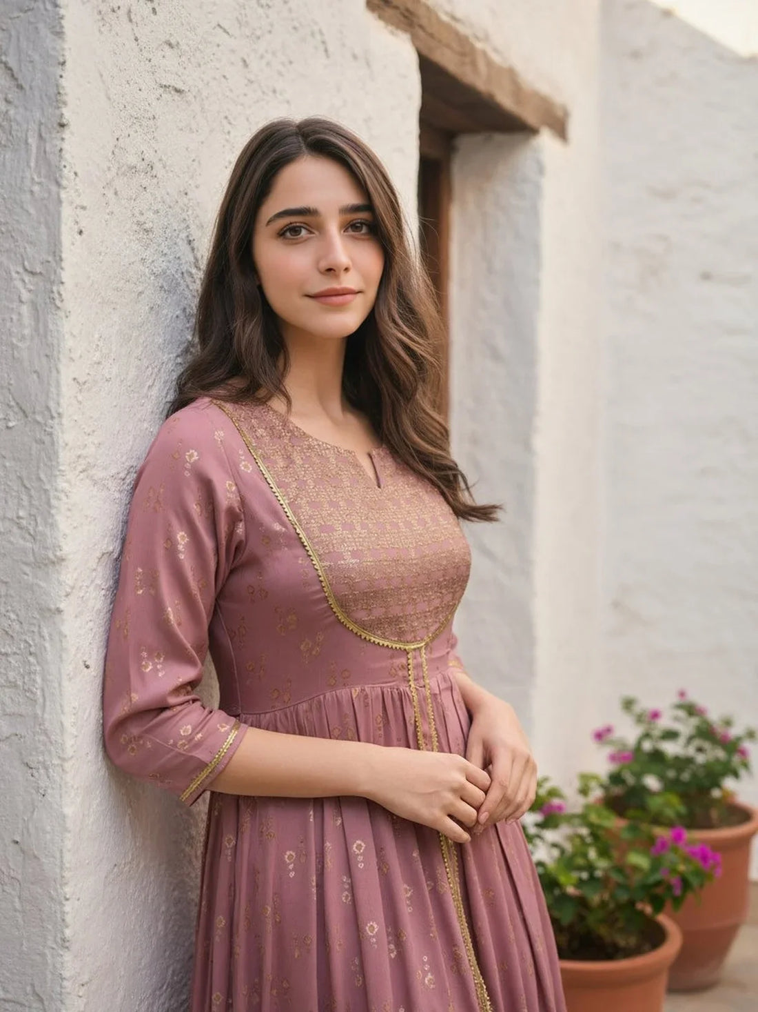 Buy Rayon Embroidered Anarkali Calf Length Kurta-Mauve