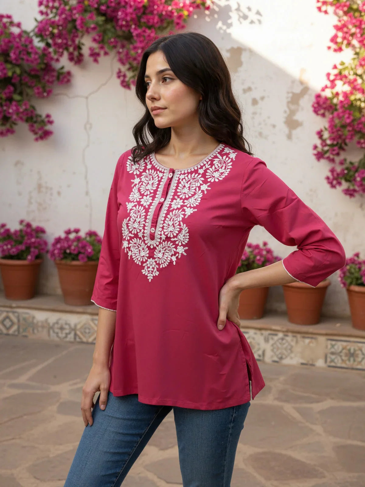 Buy Rayon Embroidered Straight Short Length Short Kurta-Pink