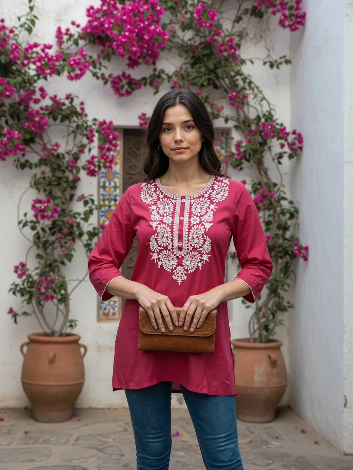 Buy Rayon Embroidered Straight Short Length Short Kurta-Pink