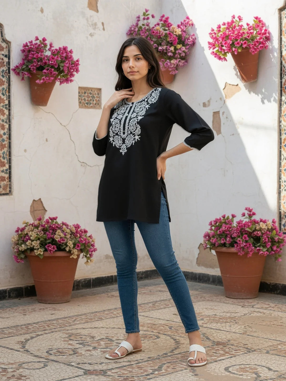 Buy Rayon Embroidered Straight Short Length Short Kurta-Black