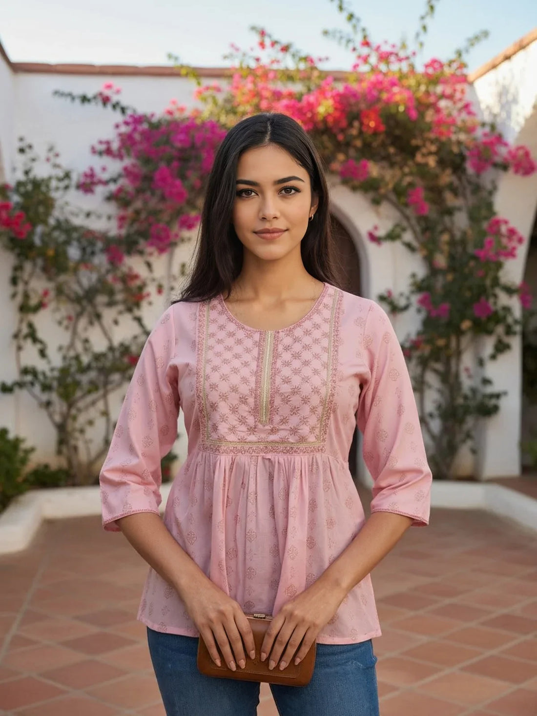 Buy Rayon Embroidered A-Line Short Length Short Kurti-Pink