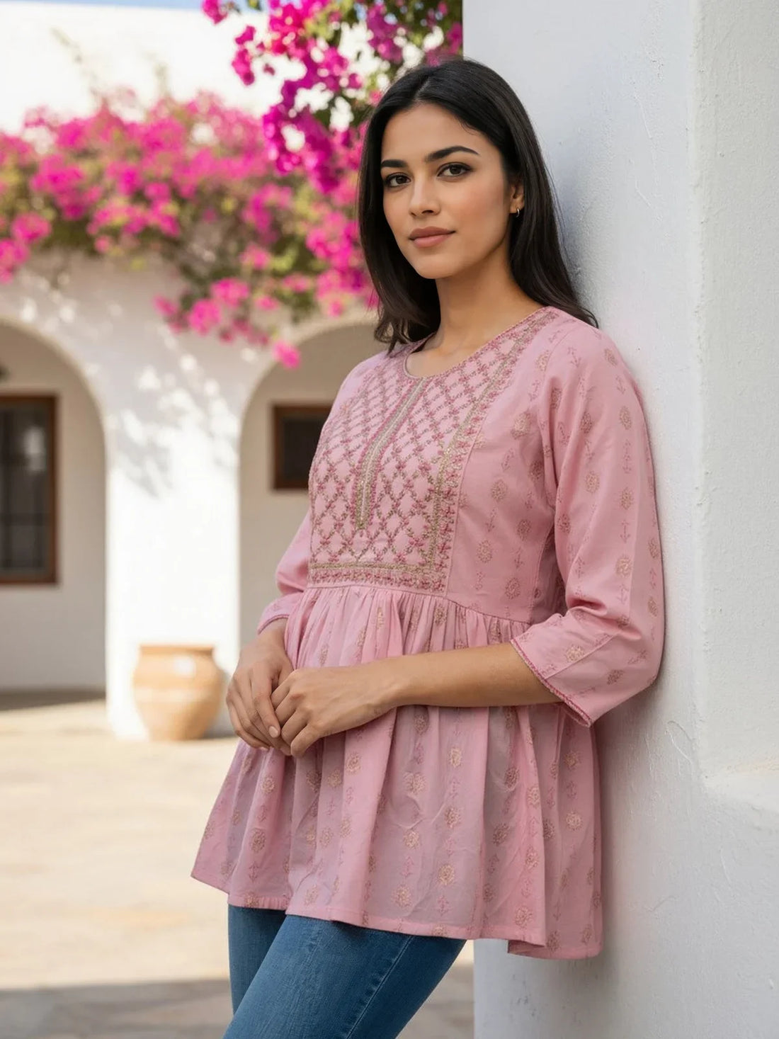 Buy Rayon Embroidered A-Line Short Length Short Kurti-Pink