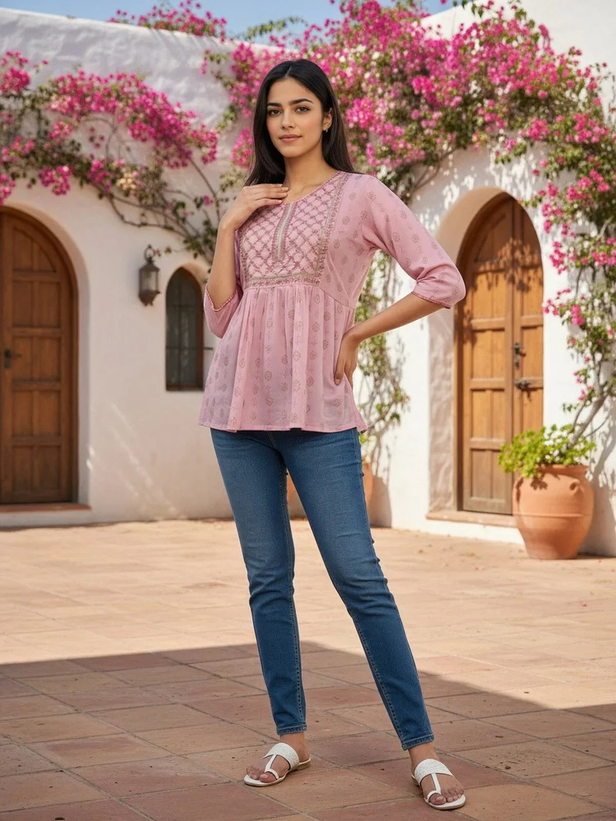 Buy Rayon Embroidered A-Line Short Length Short Kurti-Pink