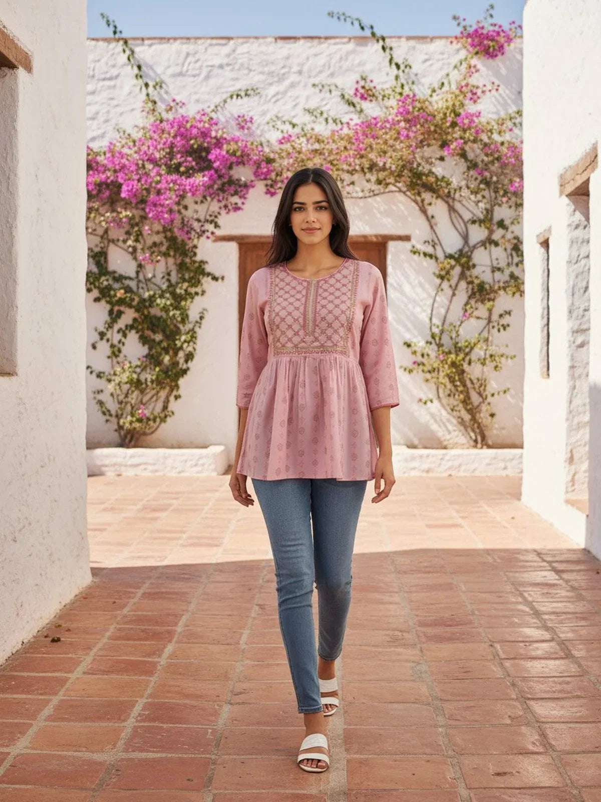 Buy Rayon Embroidered A-Line Short Length Short Kurti-Pink