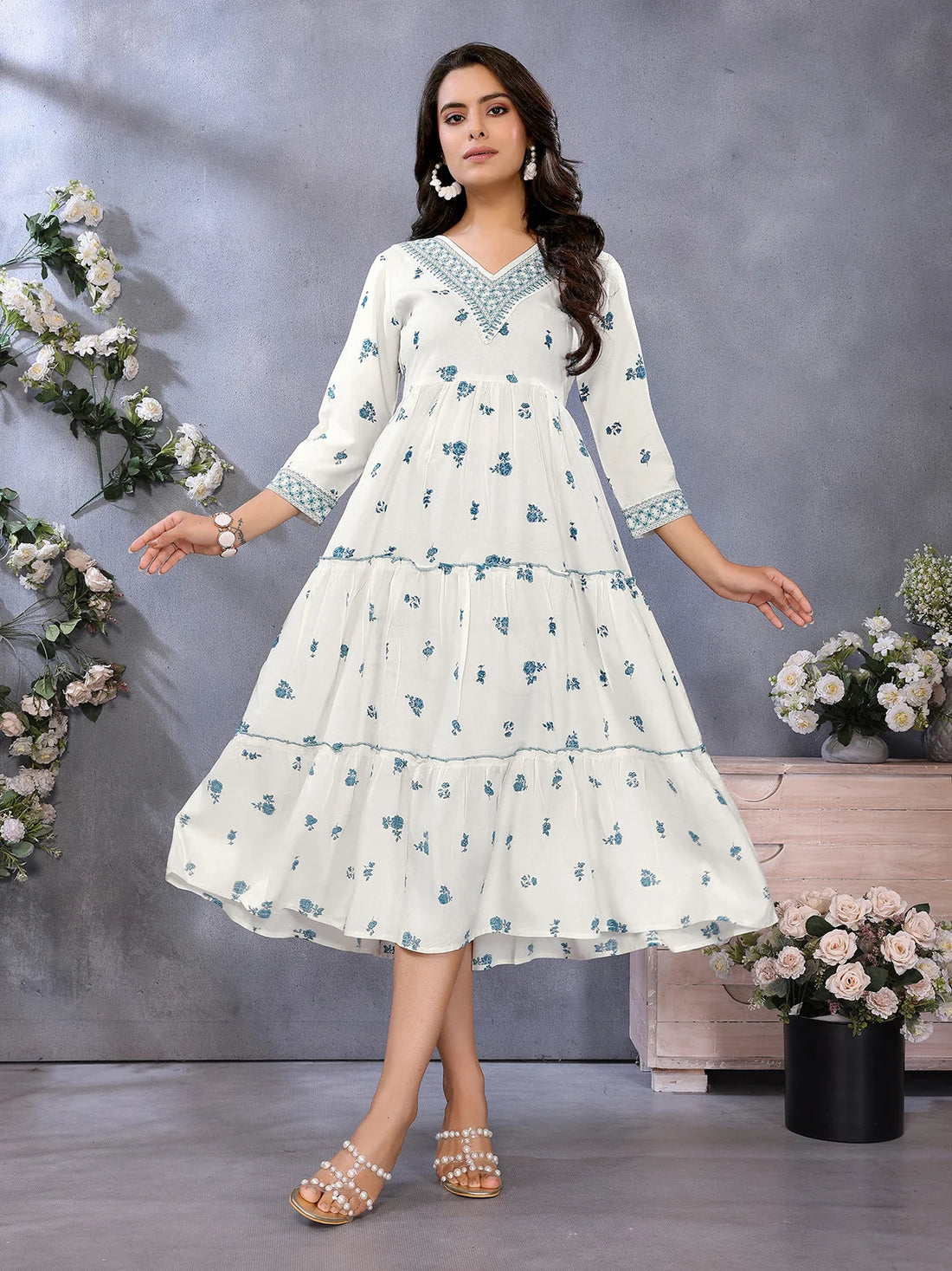 Buy Rayon Printed Tiered Calf Length Dress-White