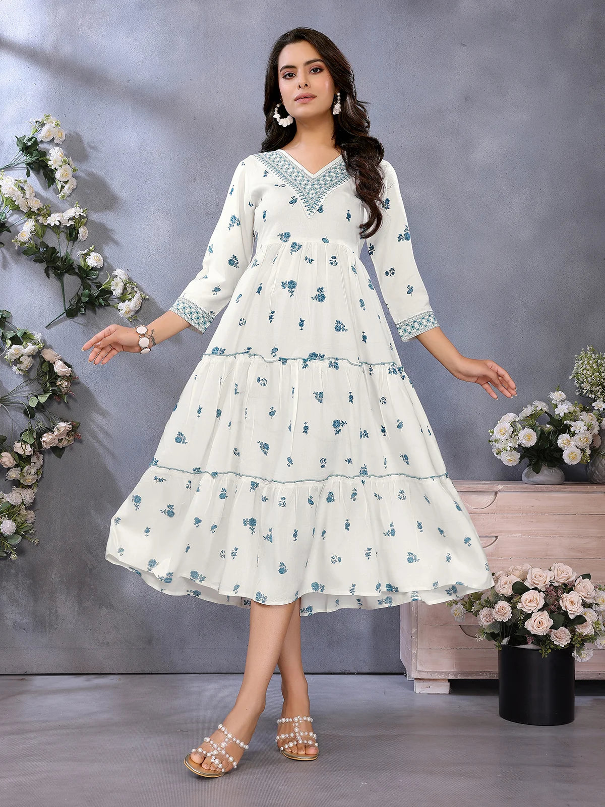 Buy Rayon Printed Tiered Calf Length Dress-White