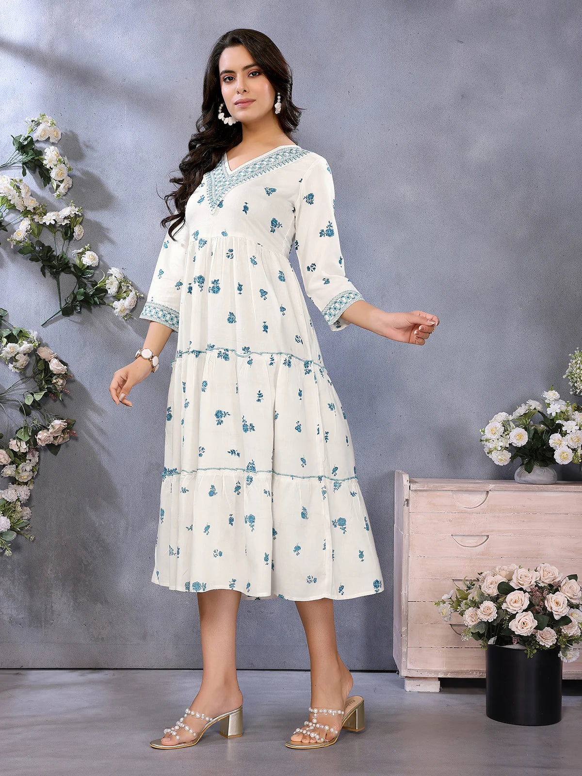 Buy Rayon Printed Tiered Calf Length Dress-White