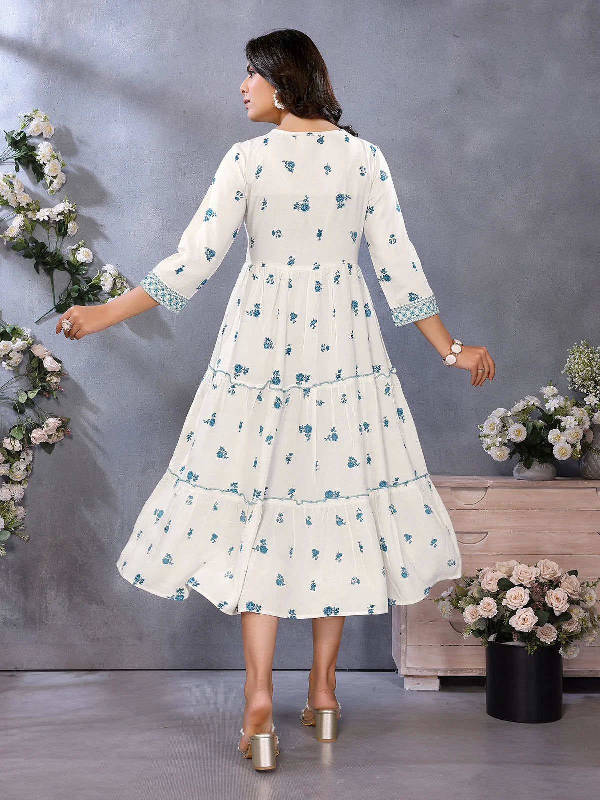 Buy Rayon Printed Tiered Calf Length Dress-White